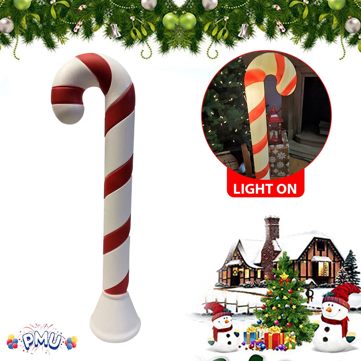 PMU Christmas Light-Up 6 Pcs Candy Cane - Blow Mold Plastic Statue Illuminated with 6' Cord and Light, Traditional Christmas Party Favor, Perfect Home, Lawn, Yard and Garden Decor, 40 Inch Candy Cane