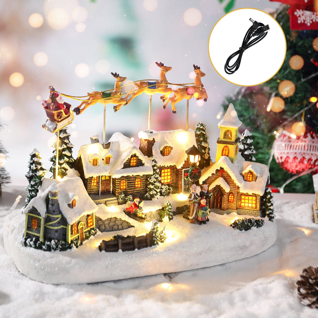 Christmas Village Decor with Rotating Santa & Reindeer,LED Lighting House Crafts Decoration for Home Holiday Christmas Decoration