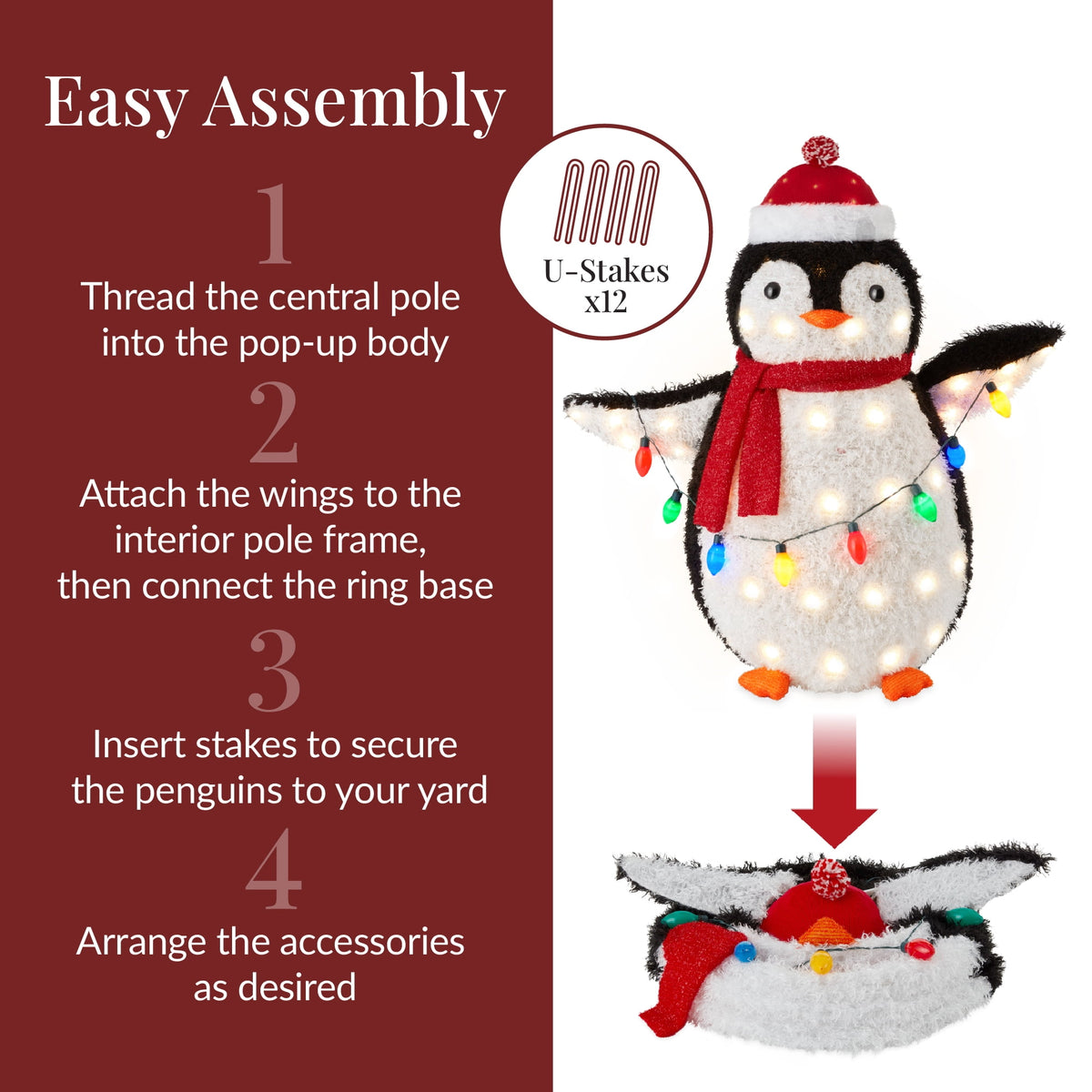  4-Piece Lighted 3ft Pop-Up Penguin Family Outdoor Christmas Decoration w/ 300 LED Lights - Red