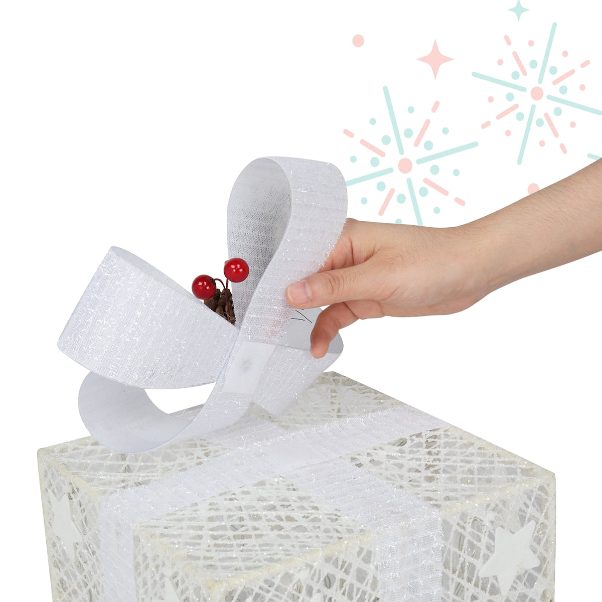 CZBZ Outdoor Christmas Yard Decorations, 3PCS Square ABS Plastic Rack Garden Festive Decoration LED 60 Light Warm Light Cotton Thread Powder Gift Box for Xmas Outdoor Holiday Indoor Decor