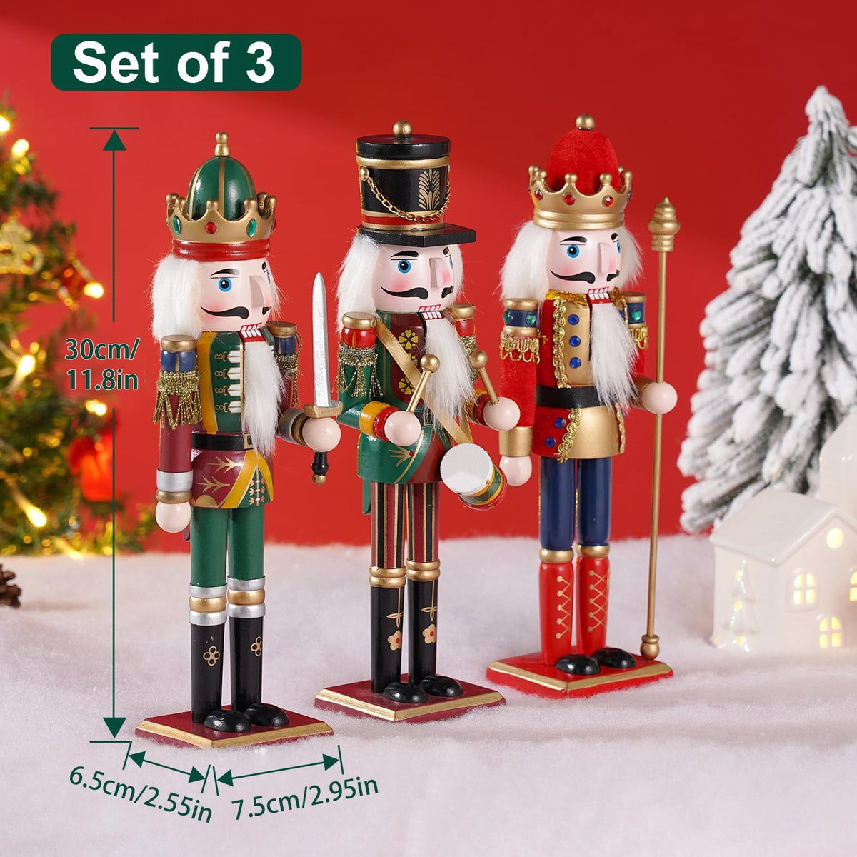 TJT 3Pcs Nutcracker Decorations Set, Wooden Nutcracker Soldier Christmas Ornaments Collectible Xmas Figures Decor Gift Indoor, 12 inch, Green Red