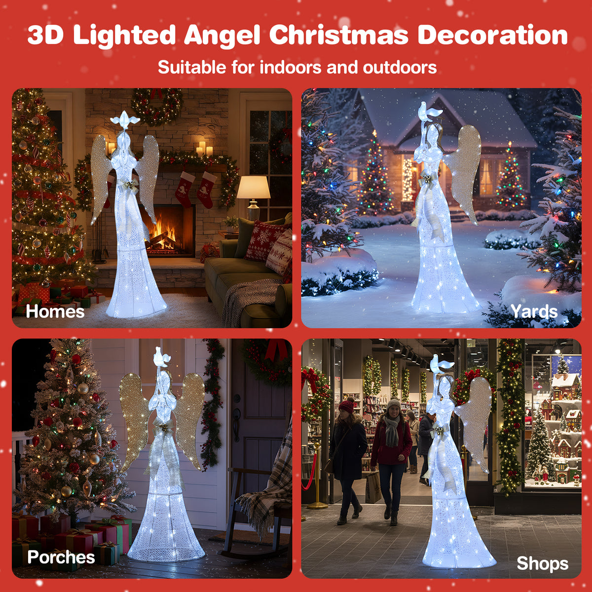 Gymax 3D Lighted Angel Christmas Decoration w/Pigeon Golden Wings 150 LED Lights White & Gold