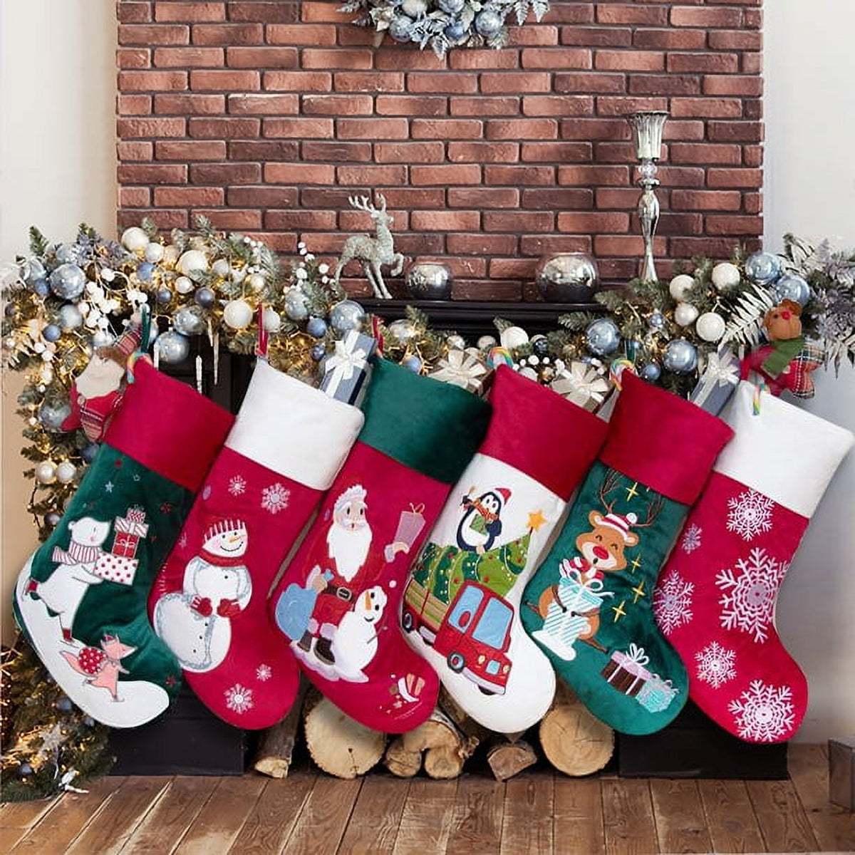 GEX 2025 21" Luxury Velvet Embroidery Pattern Christmas Stockings for Family Classic Fireplace Decorations Hanging Ornament for Xmas Holiday Party Set of 6