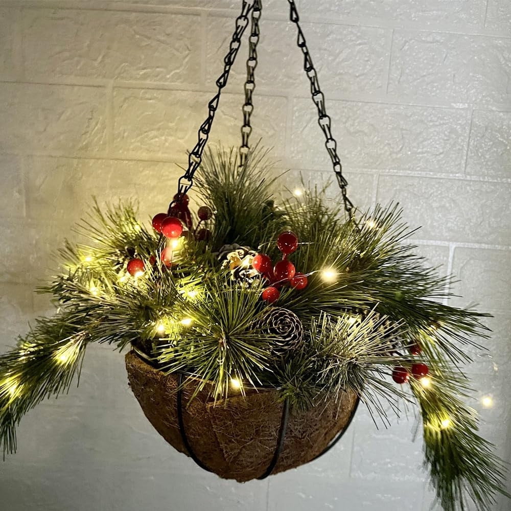 Chanana 2026New Pre-Lit Artificial Christmas Hanging Basket, Outdoor Decoration with Pine Red Berries Pinecones, Festive Planter LED Lights for Porch, Front Door, Home, Garden, Patio, Lawn (2PC)