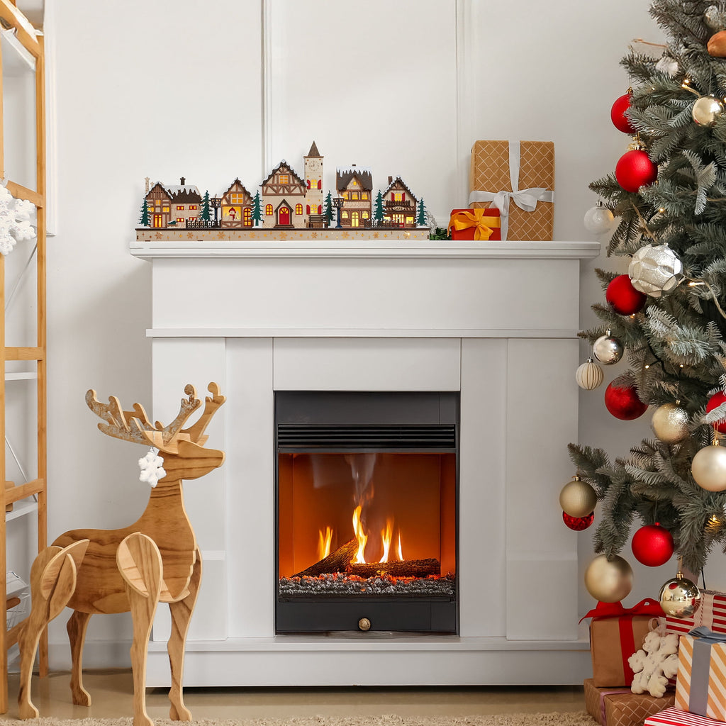Pre-Lit Wooden Christmas Village - Miniature LED Holiday Decoration
