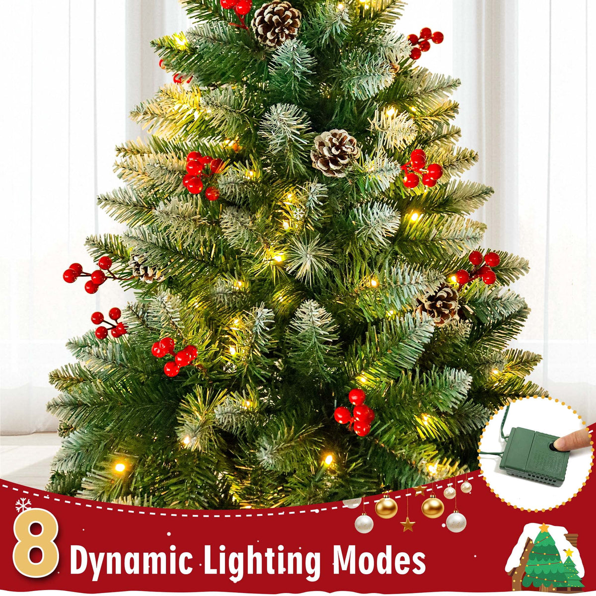 Yexmas 7.5FT Pre-Lit Christmas Tree with Pinecones and Red Berries,Artificial Green Xmas Tree with Large Storage Bag for Home, Office, Party Decoration