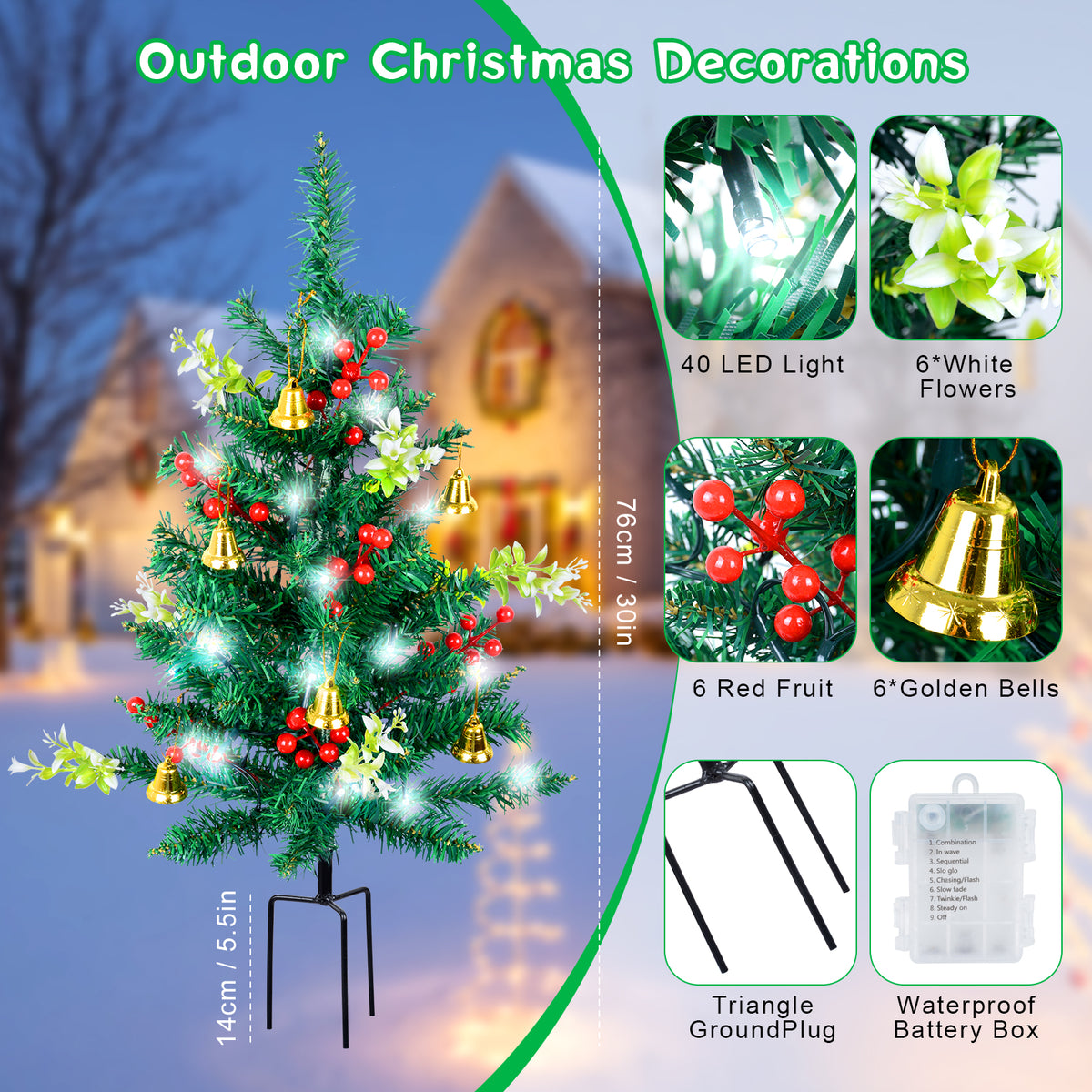 Qoosea 2 pack Christmas Decorations Outdoor, 30 inch Christmas Tree Stake Lights, 40 LED Lights Xmas Decorations for Outside Holiday Yard Porch Pathway Grave Cemetery Decor