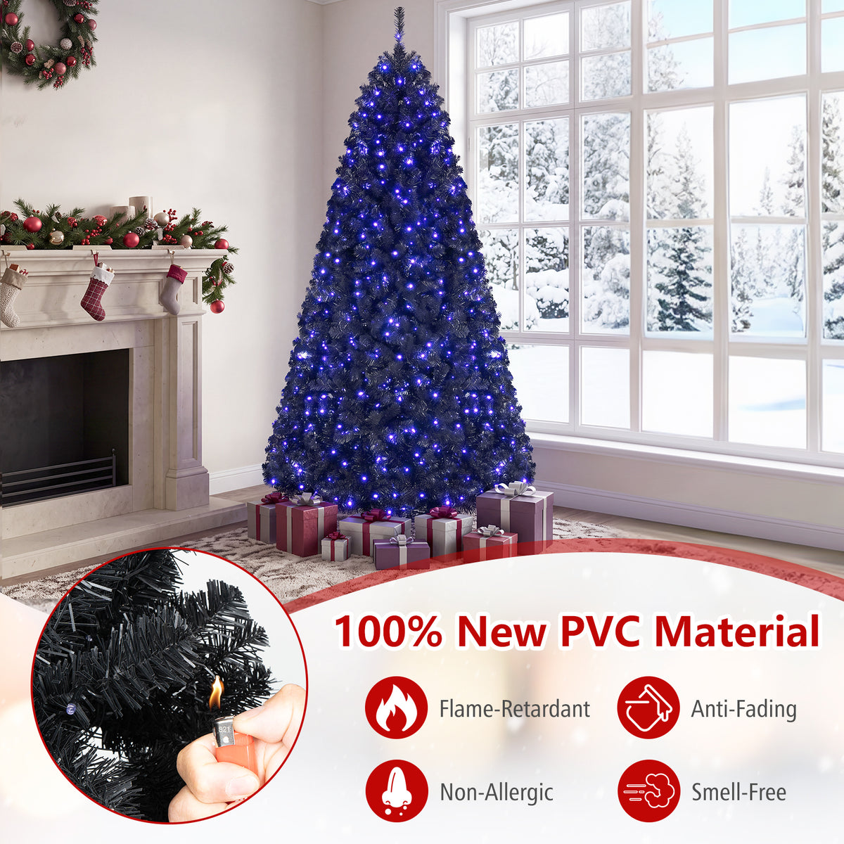 Costway 7 ft Pre-Lit Decoration Tree for Christmas Halloween Hinged Black