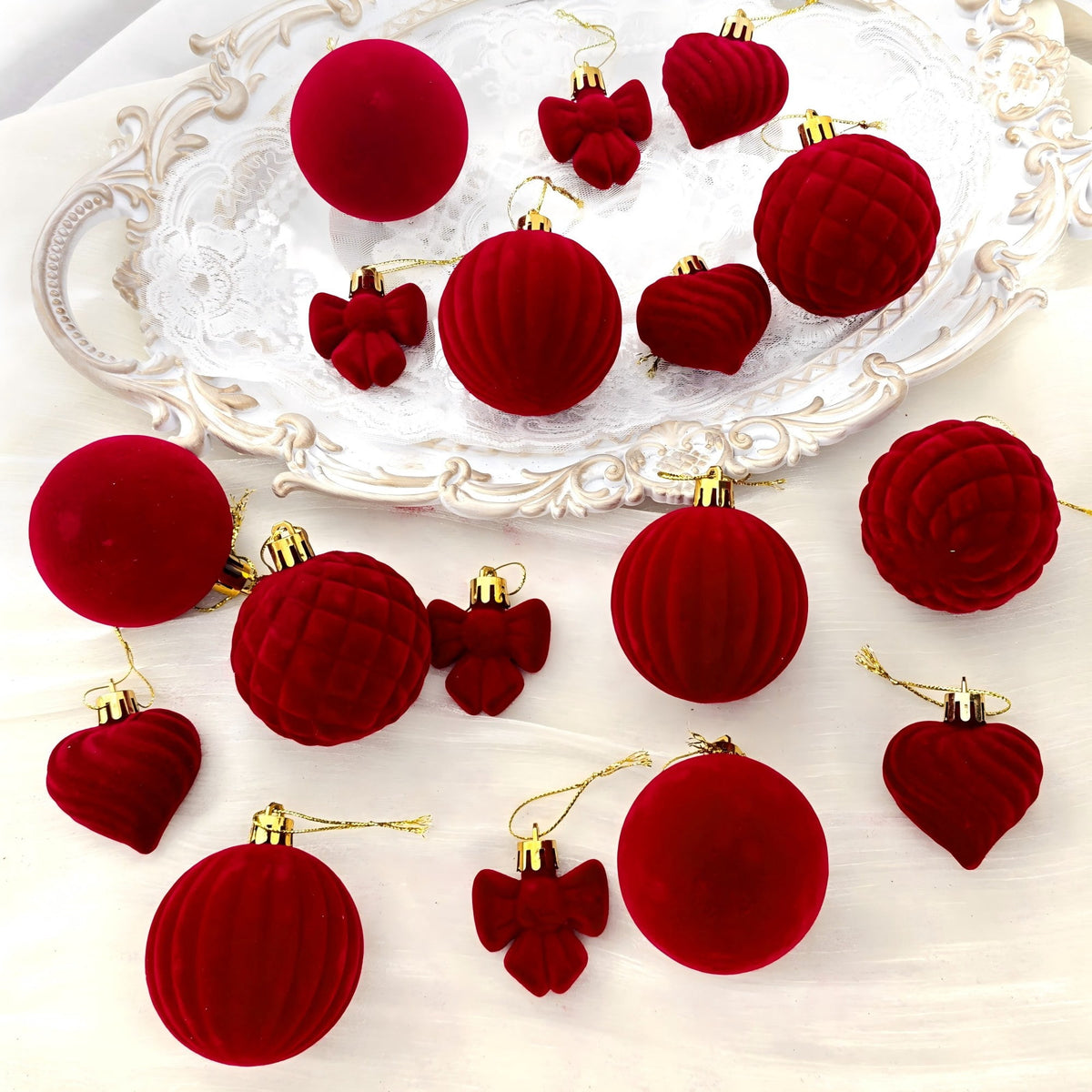 Sddec 32PCS Christmas Balls Ornaments, Dark Red Flocked Fabric, Hanging Strings, 5 styles, for Xmas Tree Wedding Holiday Party Home Decor