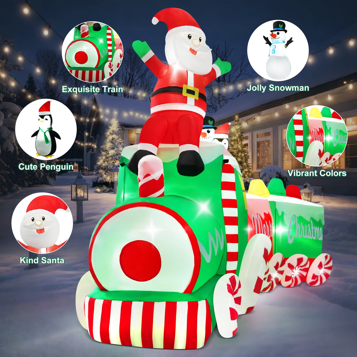 Yexmas 10.5ft Christmas Inflatable Train with Santa Snowman Penguin Dinosaur Corner Outdoor Lights Decorations for Holiday Decorations,Christmas Parties,Yard,Garden and Lawn