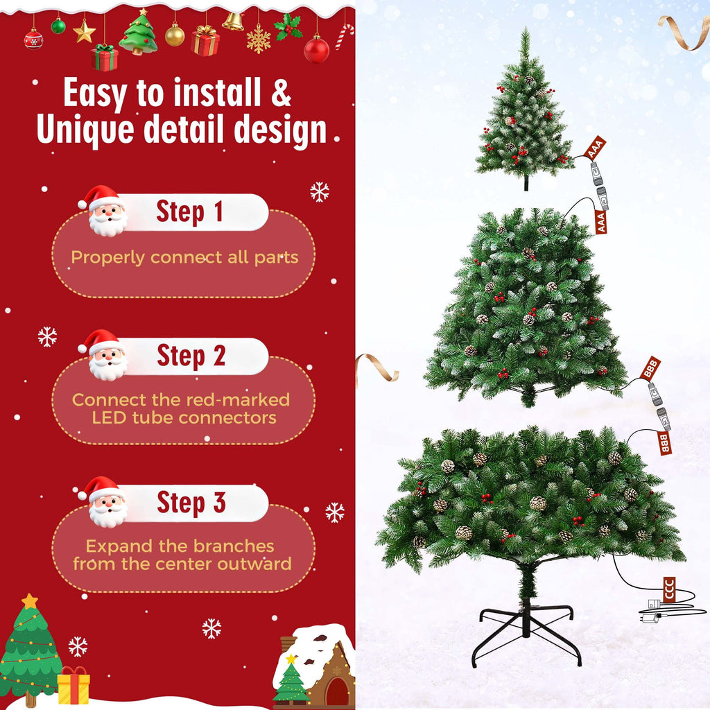 Yexmas 7.5FT Pre-Lit Christmas Tree with Pinecones and Red Berries,Artificial Green Xmas Tree with Large Storage Bag for Home, Office, Party Decoration