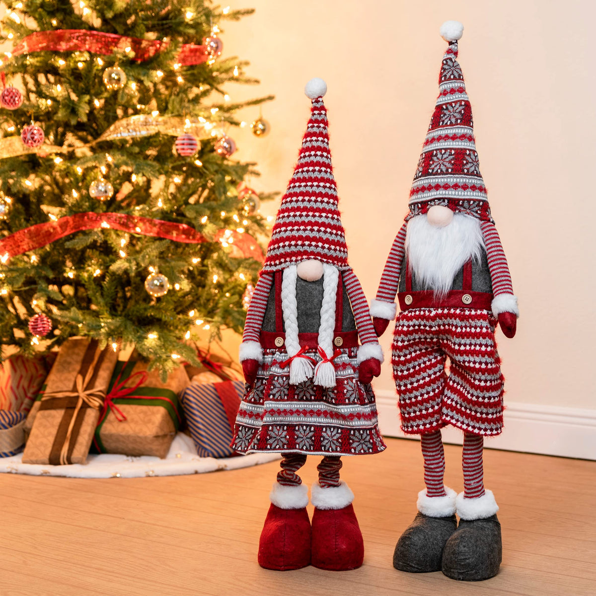 Joyfy 40" Christmas Gnomes Plush Decorations,Standing Couple Decoration Knitting Style with Long Retractable Legs,Tomte Handmade Gnome Gift,Holiday Home Decor Christmas Indoor Decor