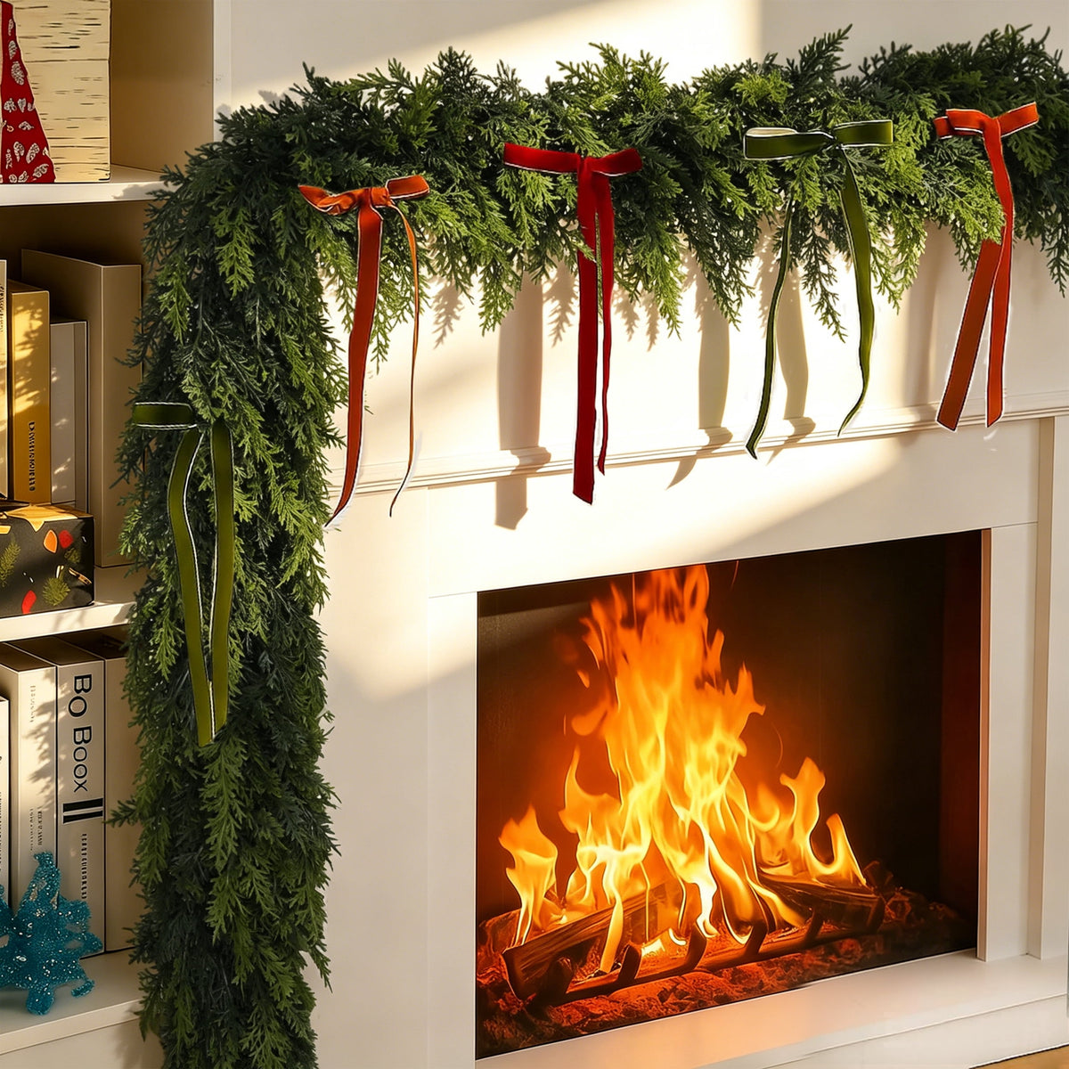 -2Pcs 9 FT Artificial Cedar Garlands, Real Touch Winter Cedar Pine Garland, Green Artificial Greenery Garland for Table, Mantle, Wall, Indoor, Outdoor Christmas Decorations