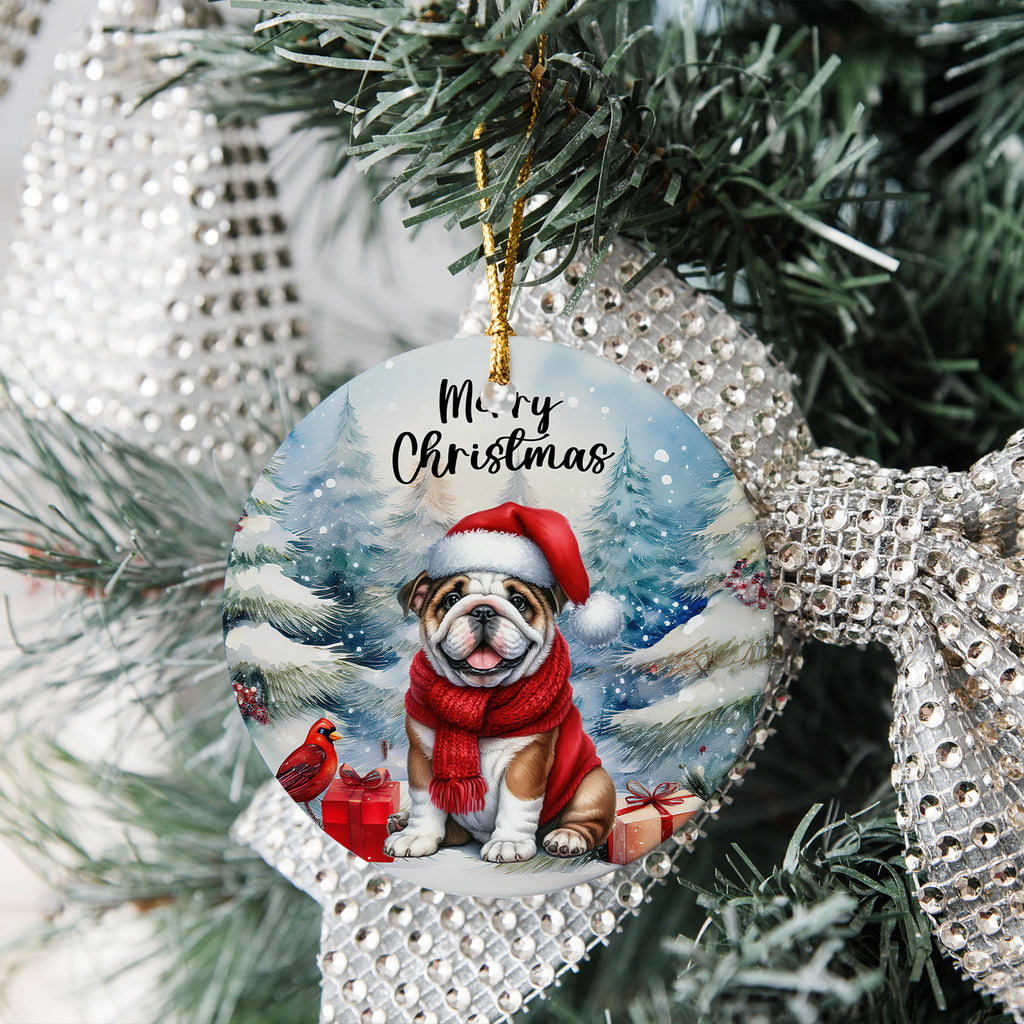 Merry Christmas Bulldog Enjoys Woofmas Winter Xmas Holiday Ceramic Round Ornament Dog Lover Gifts Idea Home Tree Decor - 02022