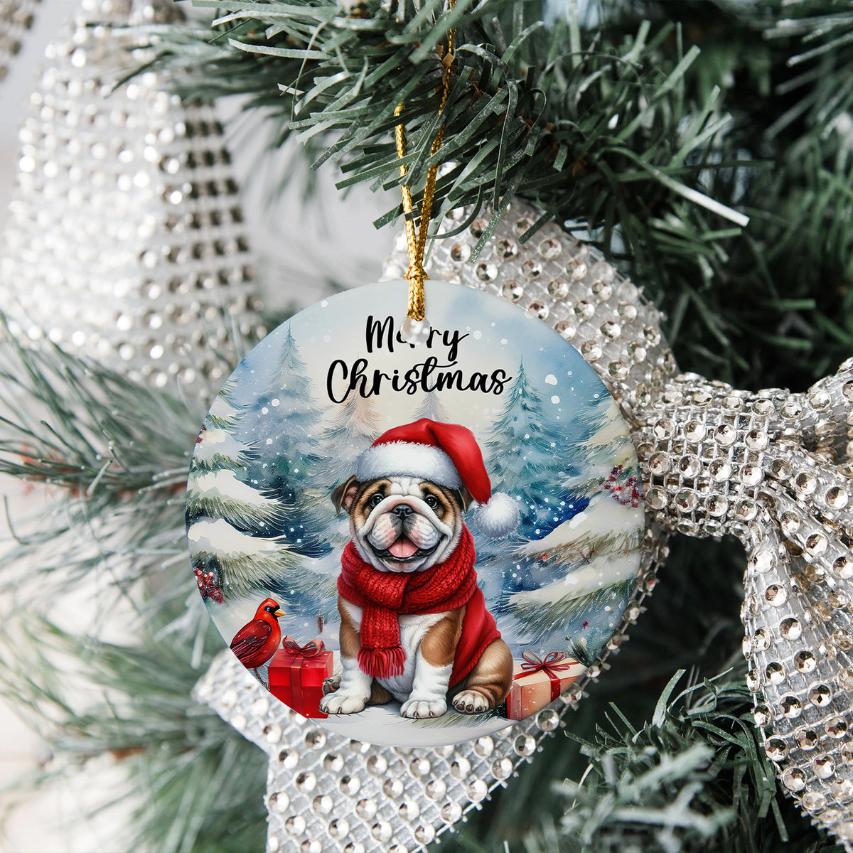 Merry Christmas Bulldog Enjoys Woofmas Winter Xmas Holiday Ceramic Round Ornament Dog Lover Gifts Idea Home Tree Decor - 02022