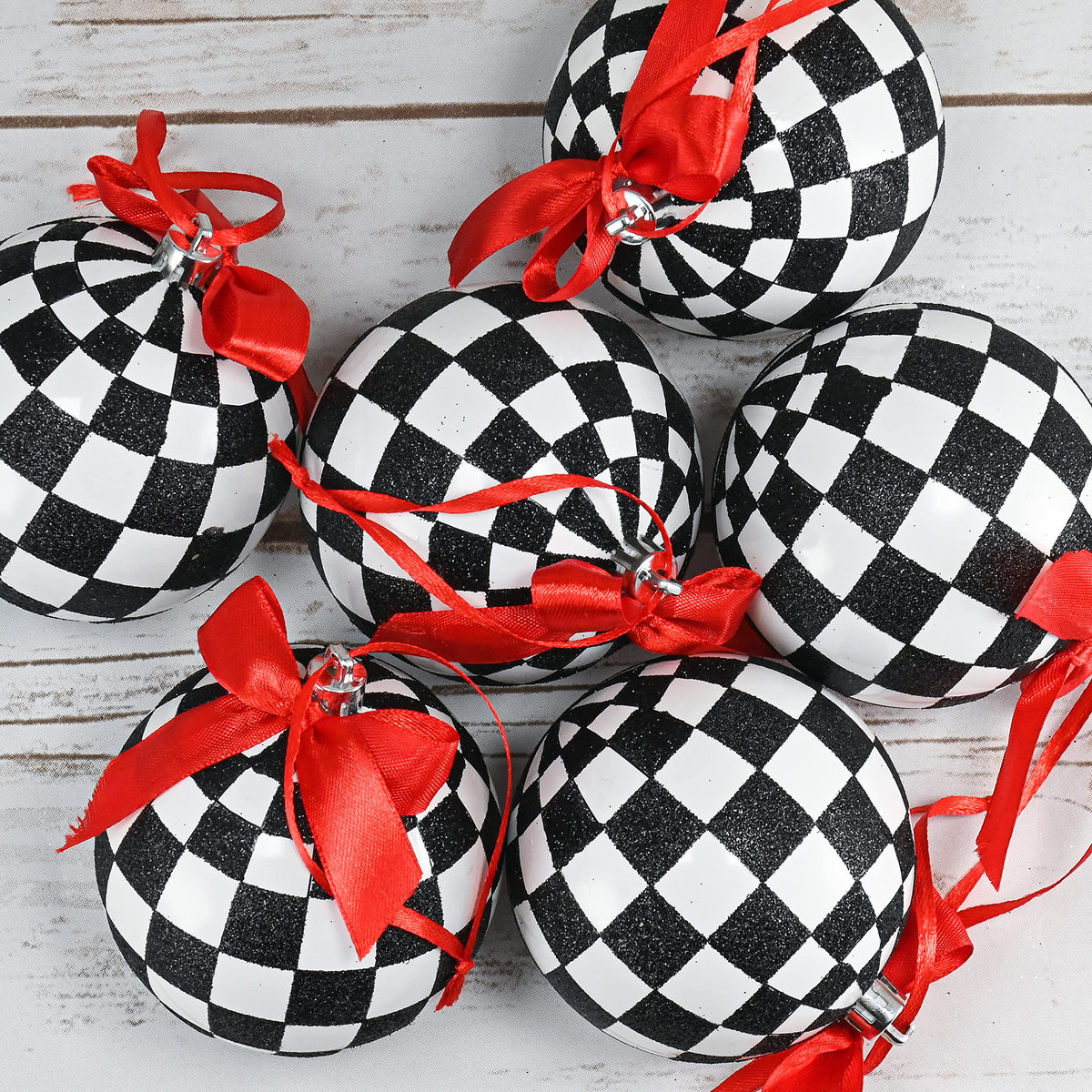 Ornativity Black and White Ornaments - Glittered Black and White Checkered Ball Ornament with Red Bow and String Christmas Tree Decoration Set - Pack of 12
