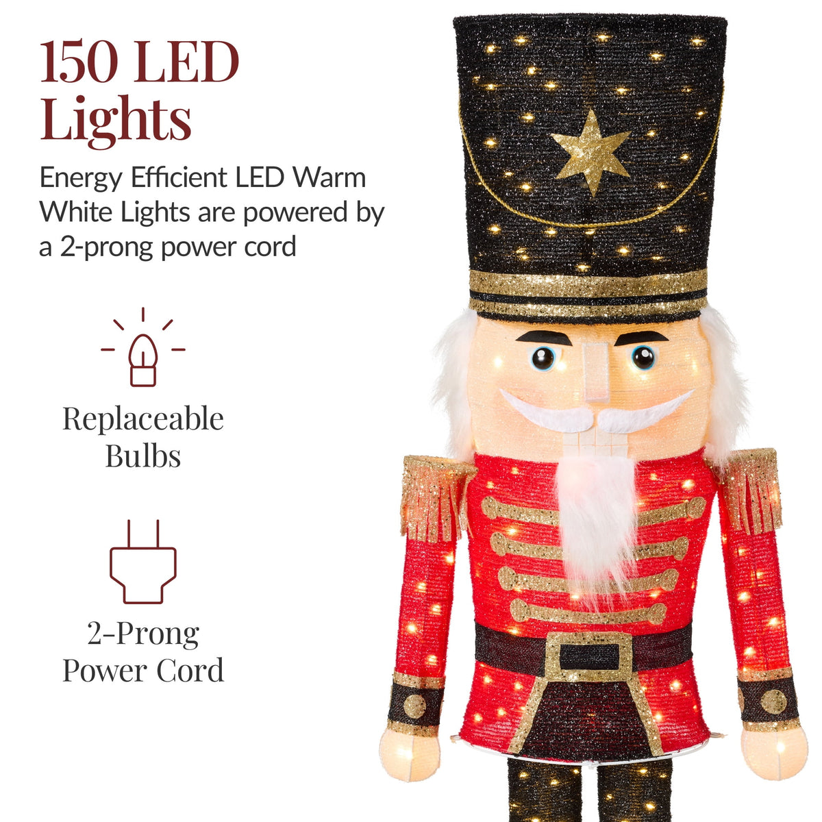 Christmas Nutcracker 5ft Pop upLighted Large Holiday Decoration w/150 Pre-Lit Twinkling LED lights for Outdoor, Indoor - Red/Black