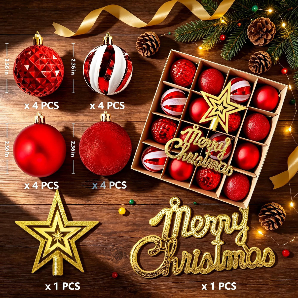 Sddec 18PCS Christmas Balls Ornaments, Shatterproof Plastic, Hanging Strings, for Xmas Tree Wedding Holiday Party Home Decor (Red & Gold)