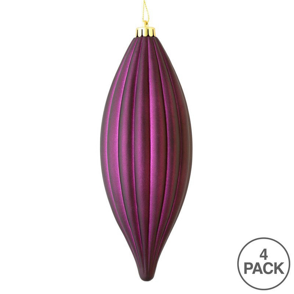 Vickerman 8" Matte Line Finial Ornament, Shatterproof Plastic, Holiday Christmas Tree Decoration, 4 Pack, Plum