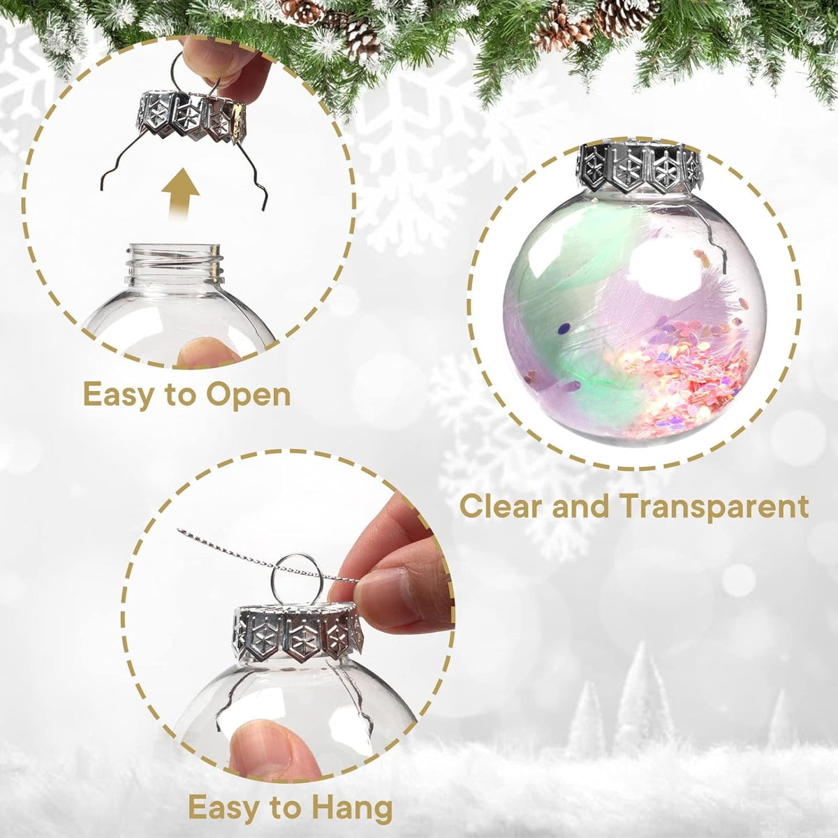 36 Pcs Clear Fillable Christmas Ornaments 2.36 inch Plastic Hanging Ornament Balls Transparent Shatterproof Xmas Decorative Balls Removable Top Round Balls for Christmas Tree Wedding Decor (60 mm)