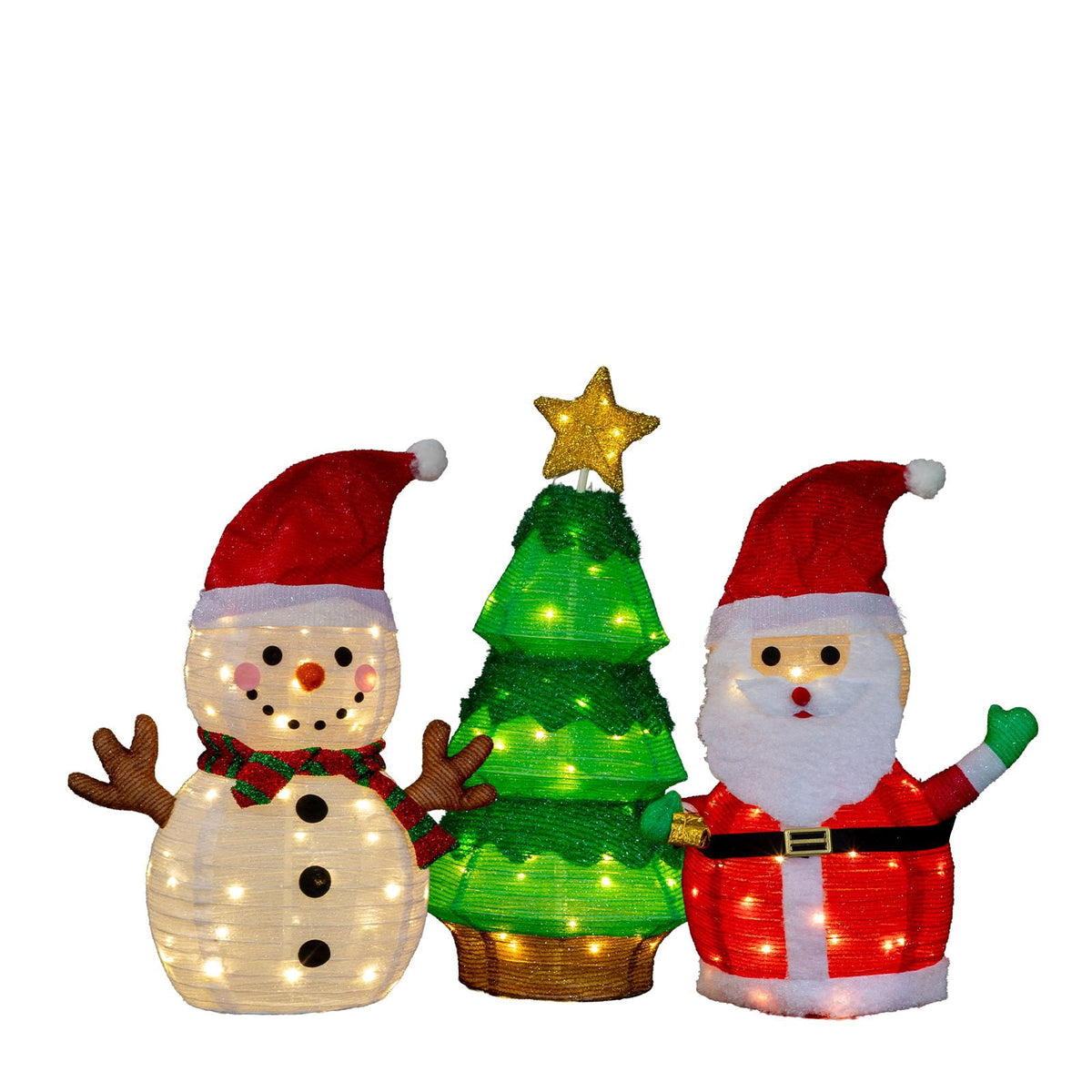 Set of 3 Lighted Santa and Snowman and Xmas Tree Christmas Decorations, Pre-lit Pull Up Holiday Decor with 150 Warm White LED Lights for Xmas Outdoor Indoor Decor Lighted Holiday Displays